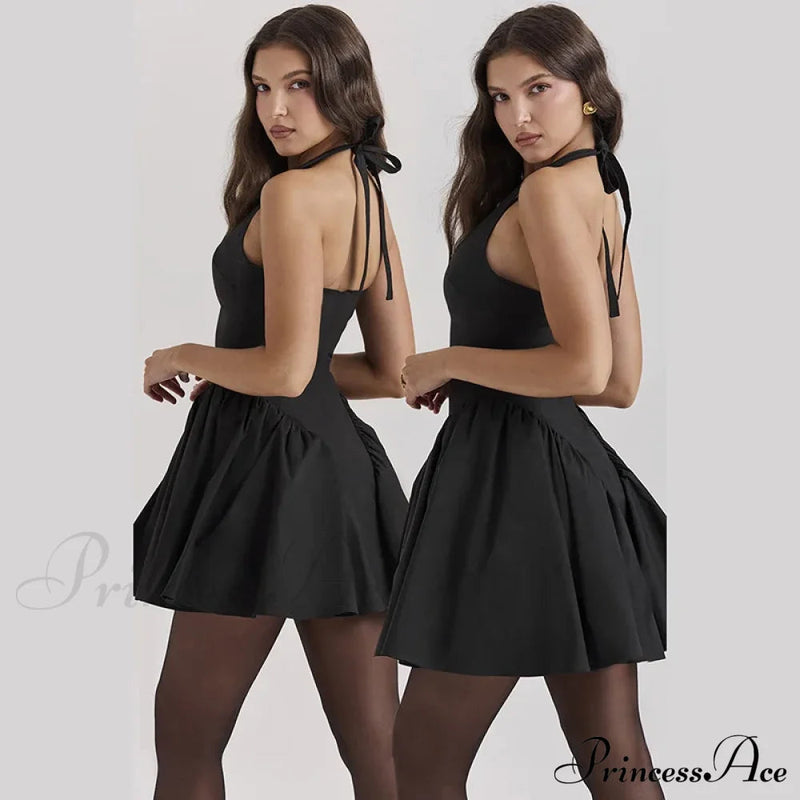 Black V-neck Halter Charming Frill Mini Dress