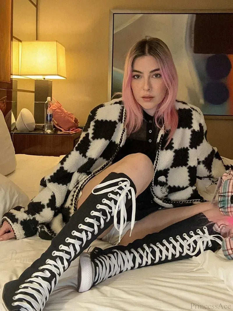 Black White Plaid Cotton Coat