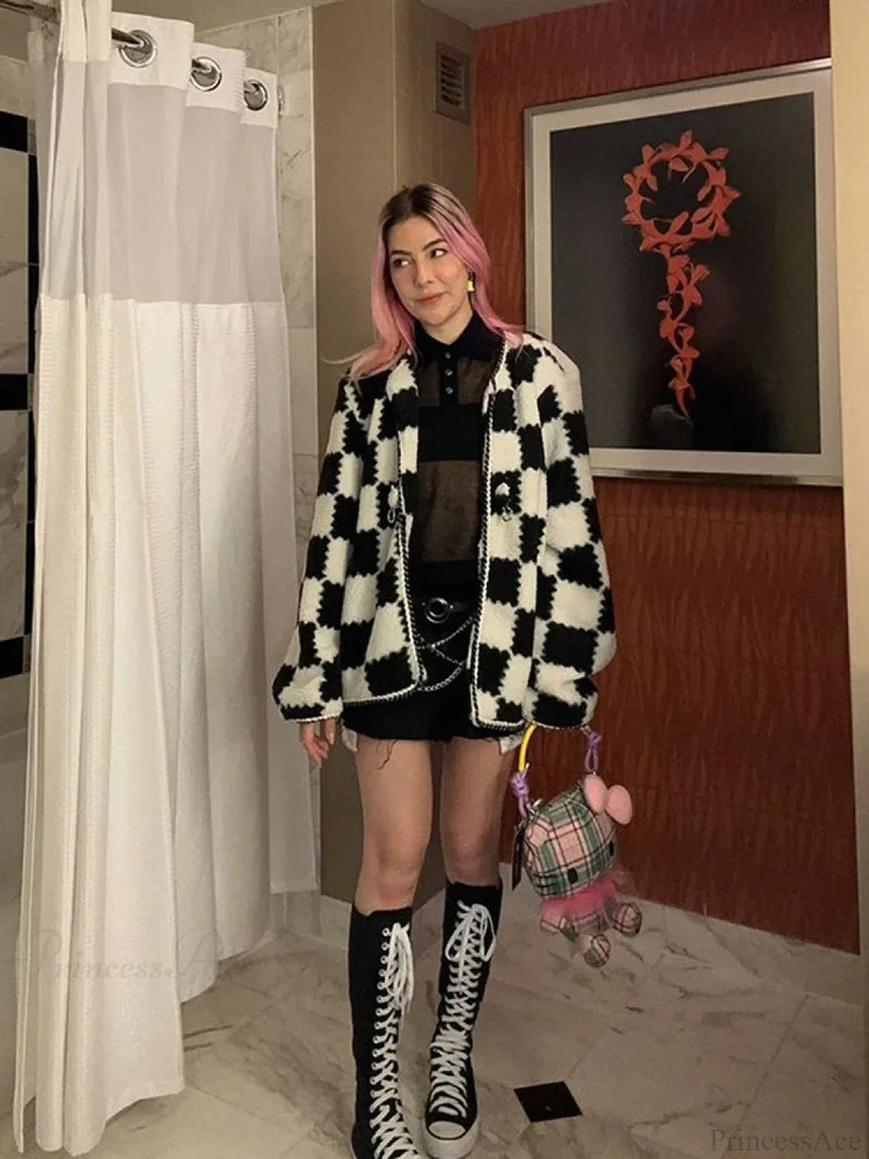 Black White Plaid Cotton Coat
