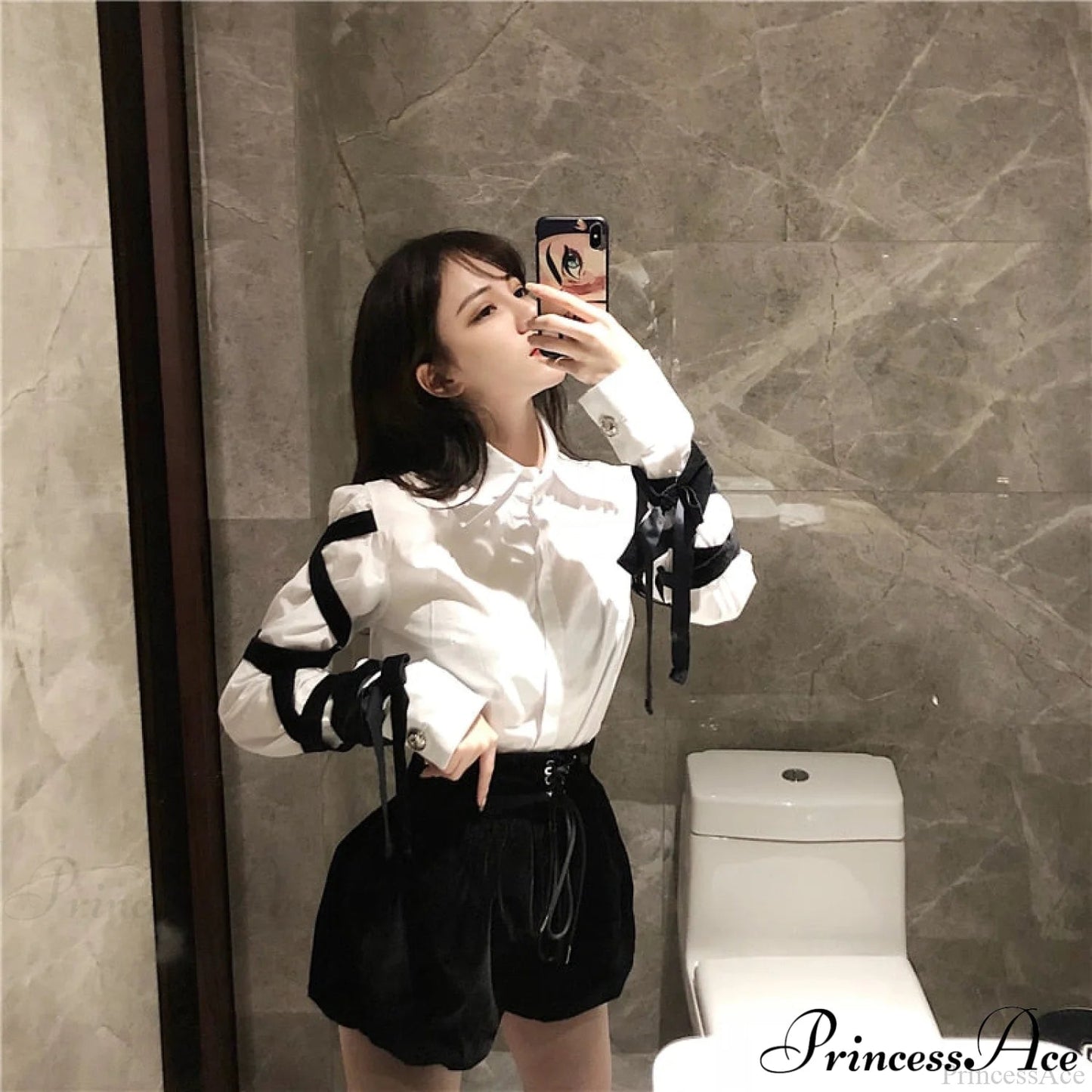 Blous Top Spring Long Ribbons Arm Black Stitching Office Blouse Lady Blouse