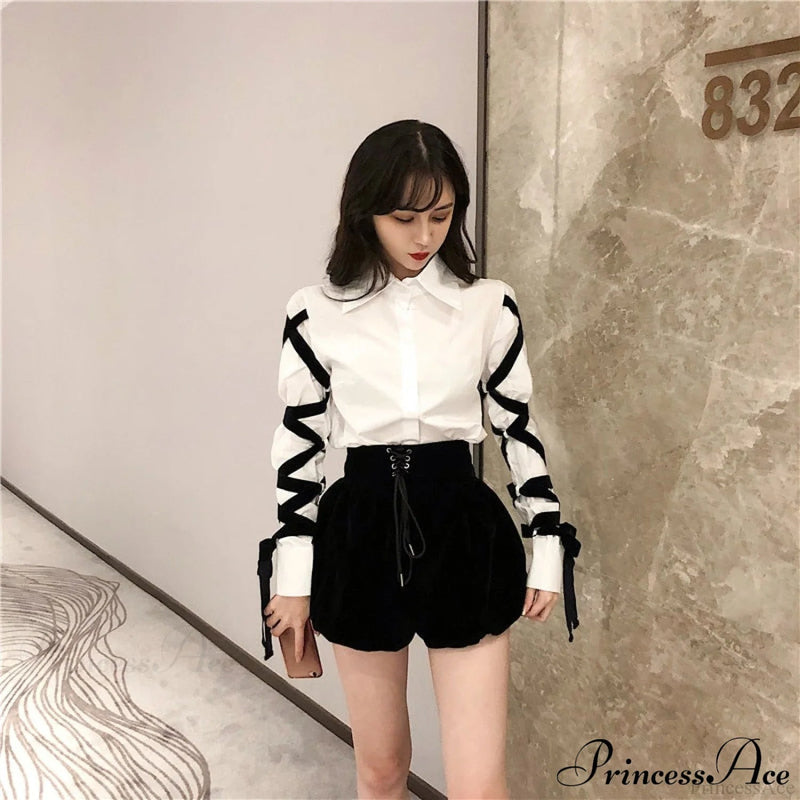 Blous Top Spring Long Ribbons Arm Black Stitching Office Blouse Lady Blouse