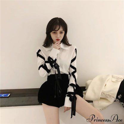 Blous Top Spring Long Ribbons Arm Black Stitching Office Blouse Lady Blouse