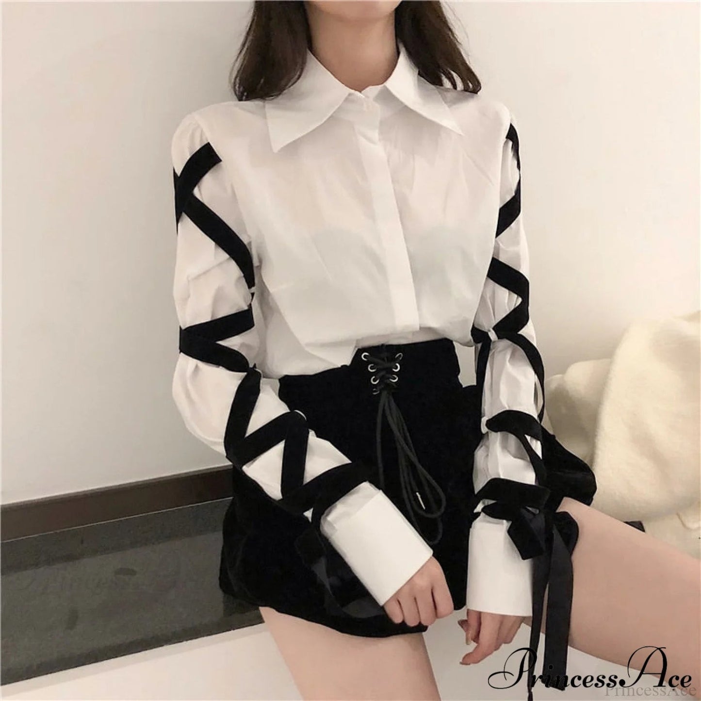 Blous Top Spring Long Ribbons Arm Black Stitching Office Blouse Lady Blouse