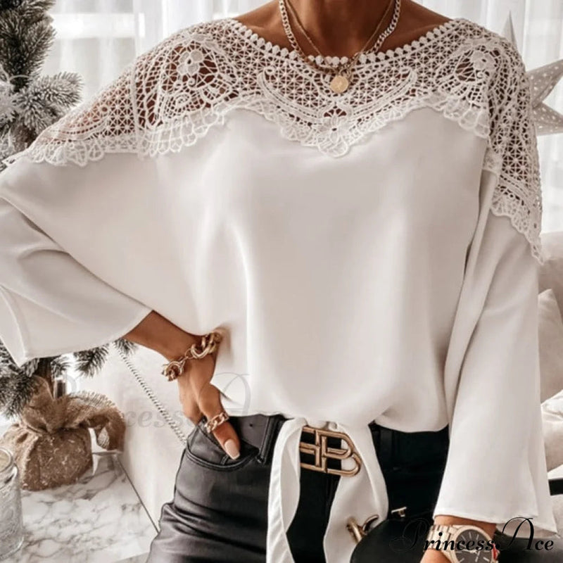 Blouse Embroidery Lace Top Blouse Crochet Autumn White Blusa 12459
