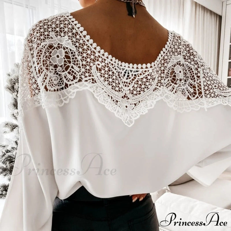 Blouse Embroidery Lace Top Blouse Crochet Autumn White Blusa 12459