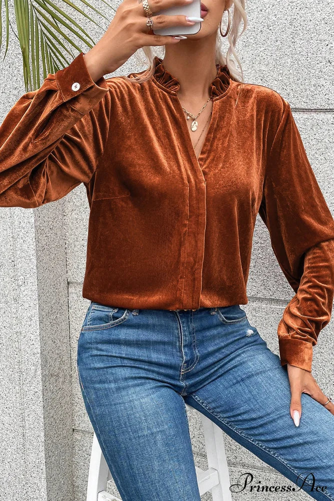 Blouse Frilled Flame Gold Velvet With Collar