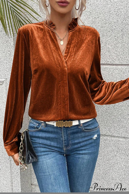 Blouse Frilled Flame Gold Velvet With Collar