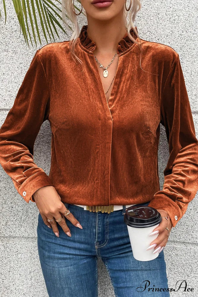 Blouse Frilled Flame Gold Velvet With Collar