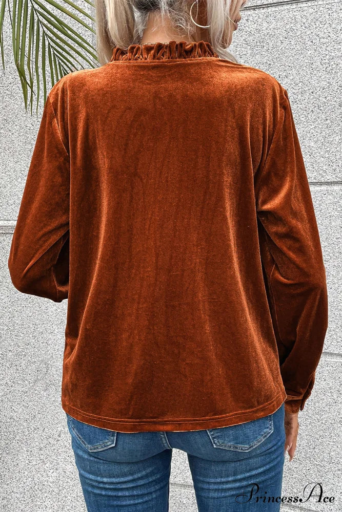 Blouse Frilled Flame Gold Velvet With Collar