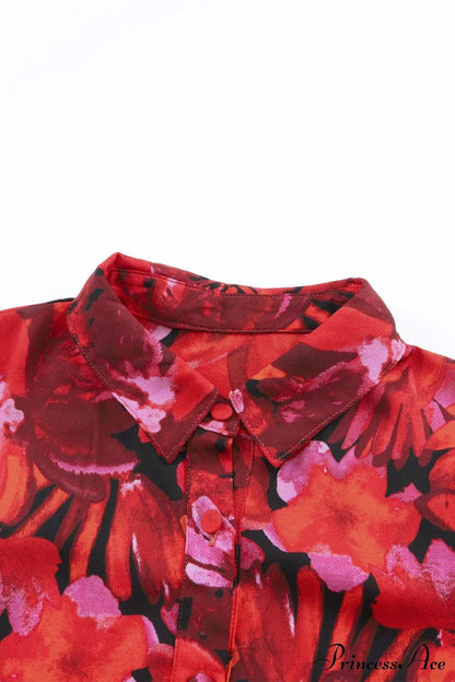 Blouse Lantern Arm Flowered Design in Red
