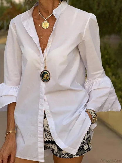 Blouse Office Arm - V Button Flare Up White Neck Blouse