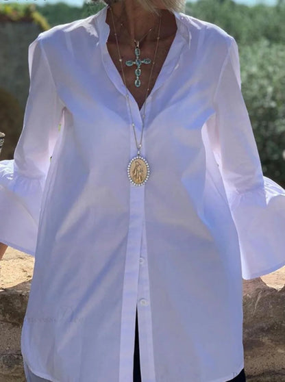 Blouse Office Arm - V Button Flare Up White Neck Blouse