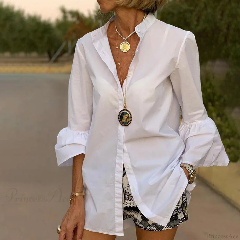 Blouse Office Arm - V Button Flare Up White Neck Blouse