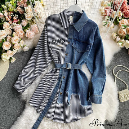 Blouse Patchwork - Plaid Jeans Long Blouse With Autumn Arm Design Slim Dress