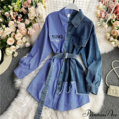 Blouse Patchwork - Plaid Jeans Long Blouse With Autumn Arm Design Slim Dress
