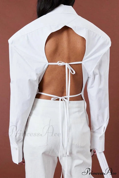 Blouse White Arm Shoulder Long Backless With Up Lace Pads