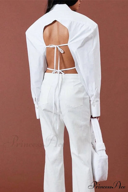 Blouse White Arm Shoulder Long Backless With Up Lace Pads