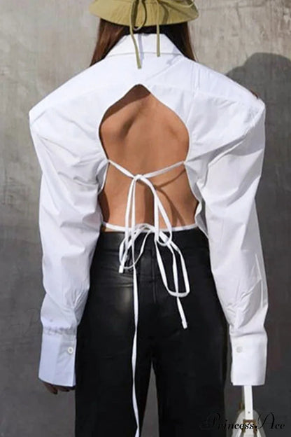 Blouse White Arm Shoulder Long Backless With Up Lace Pads