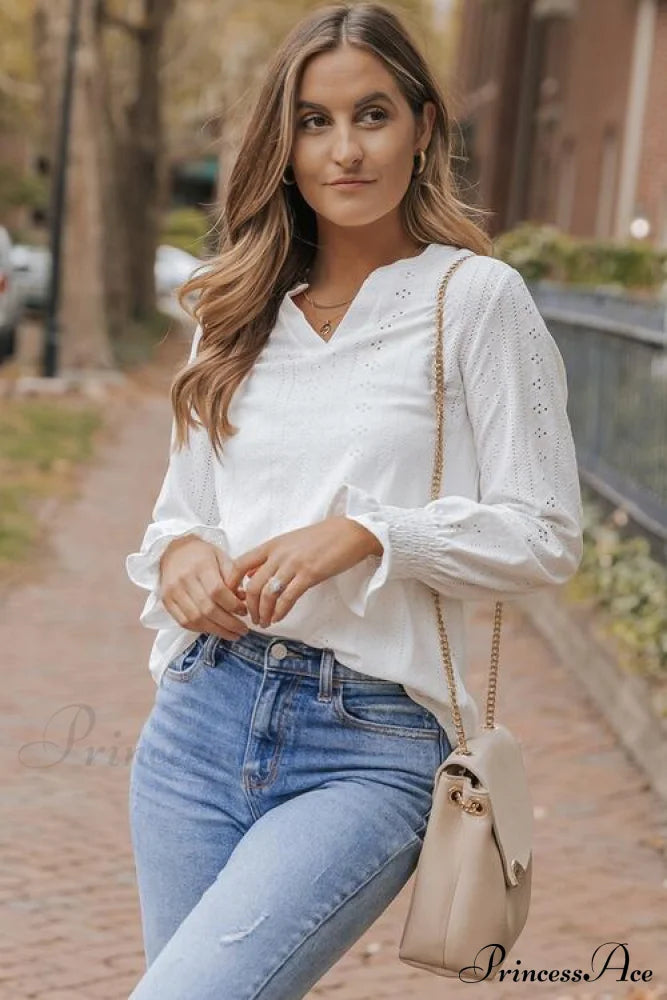 Blouse With Flounce Openwork Notched Long Sleeves