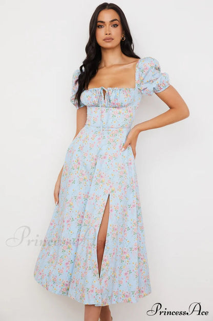 Blue and Pink Charming Print Midi Skirt