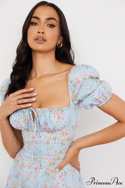 Blue and Pink Charming Print Midi Skirt