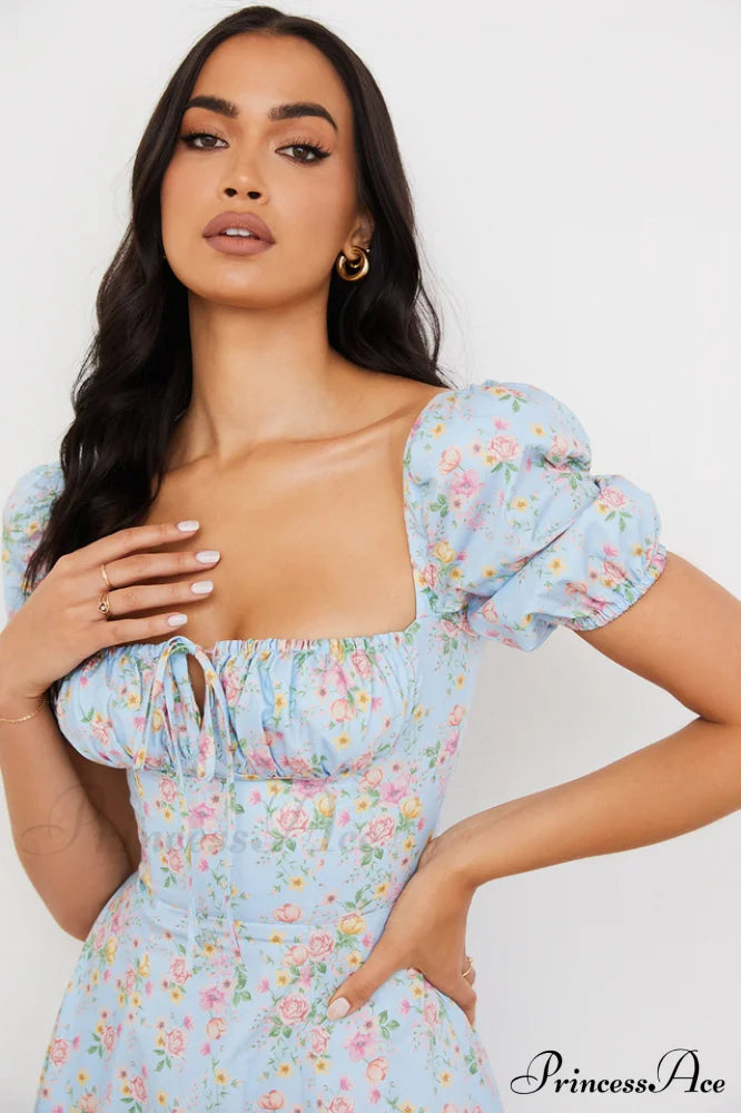 Blue and Pink Charming Print Midi Skirt