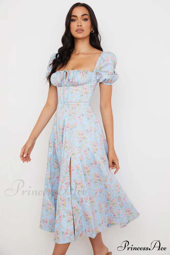 Blue and Pink Charming Print Midi Skirt