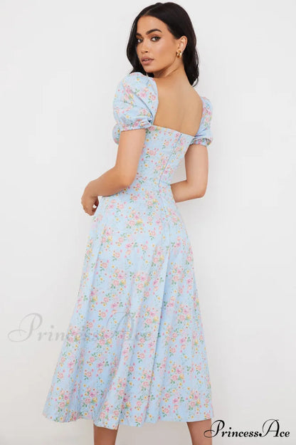 Blue and Pink Charming Print Midi Skirt