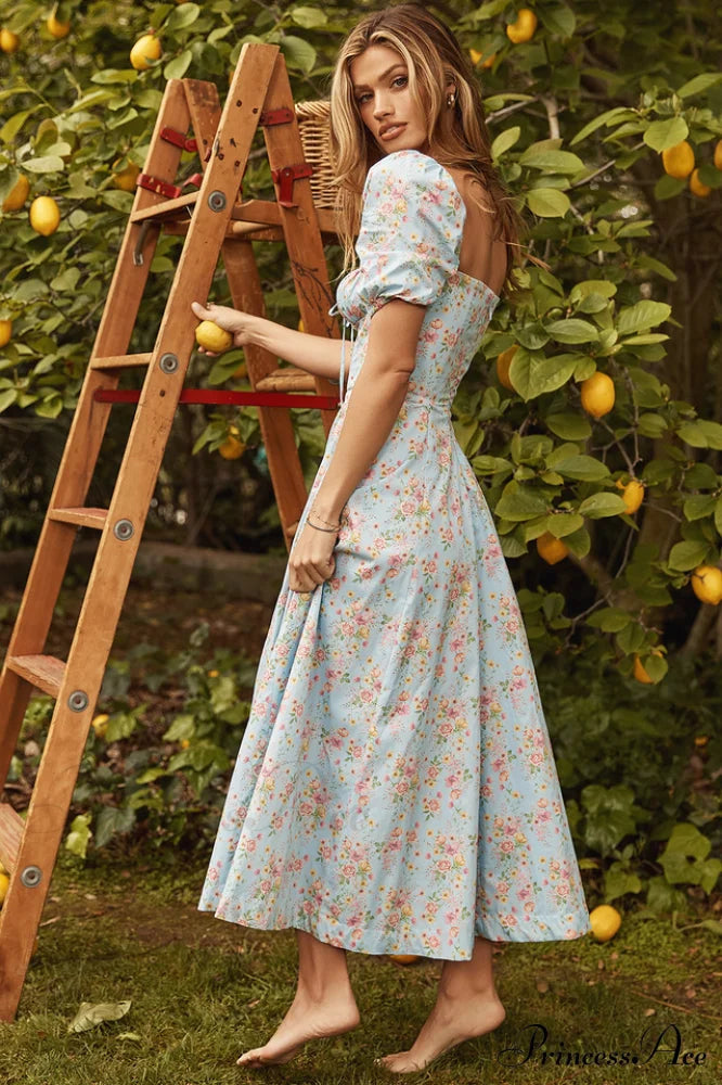 Blue and Pink Charming Print Midi Skirt