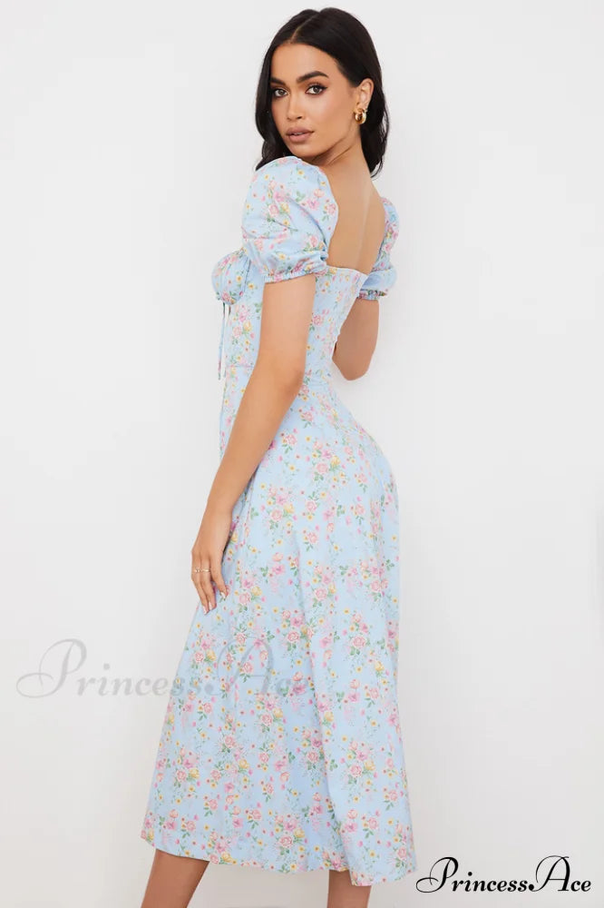 Blue and Pink Charming Print Midi Skirt