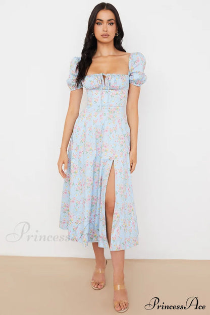Blue and Pink Charming Print Midi Skirt