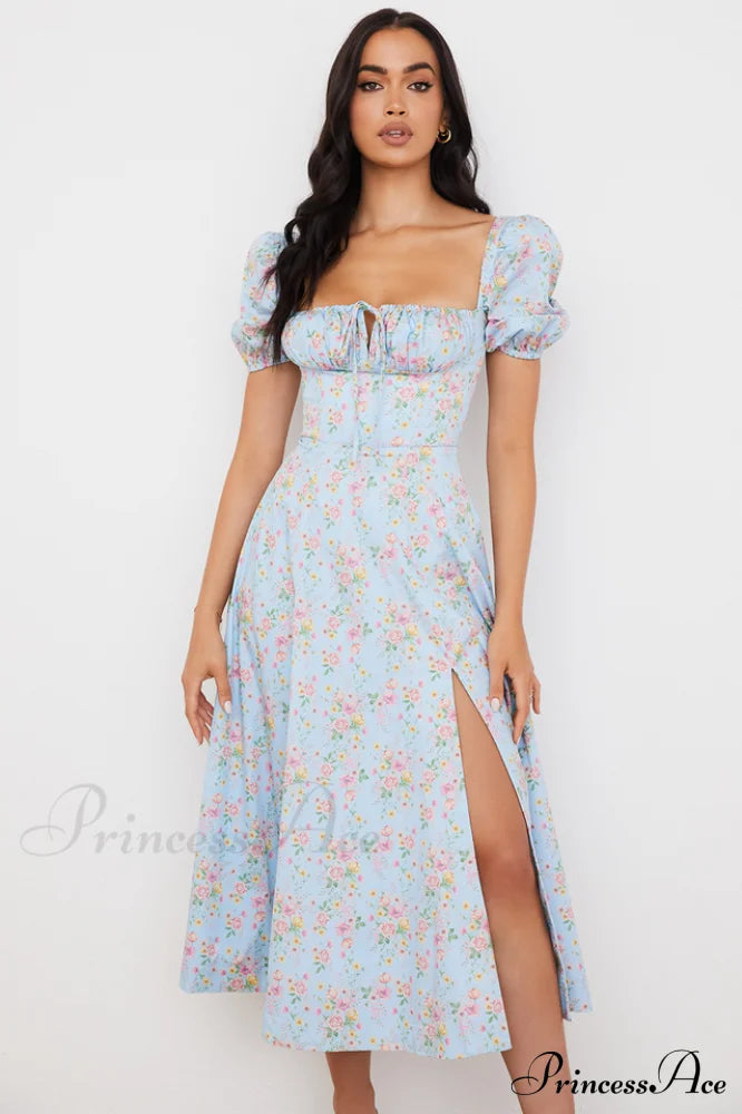 Blue and Pink Charming Print Midi Skirt