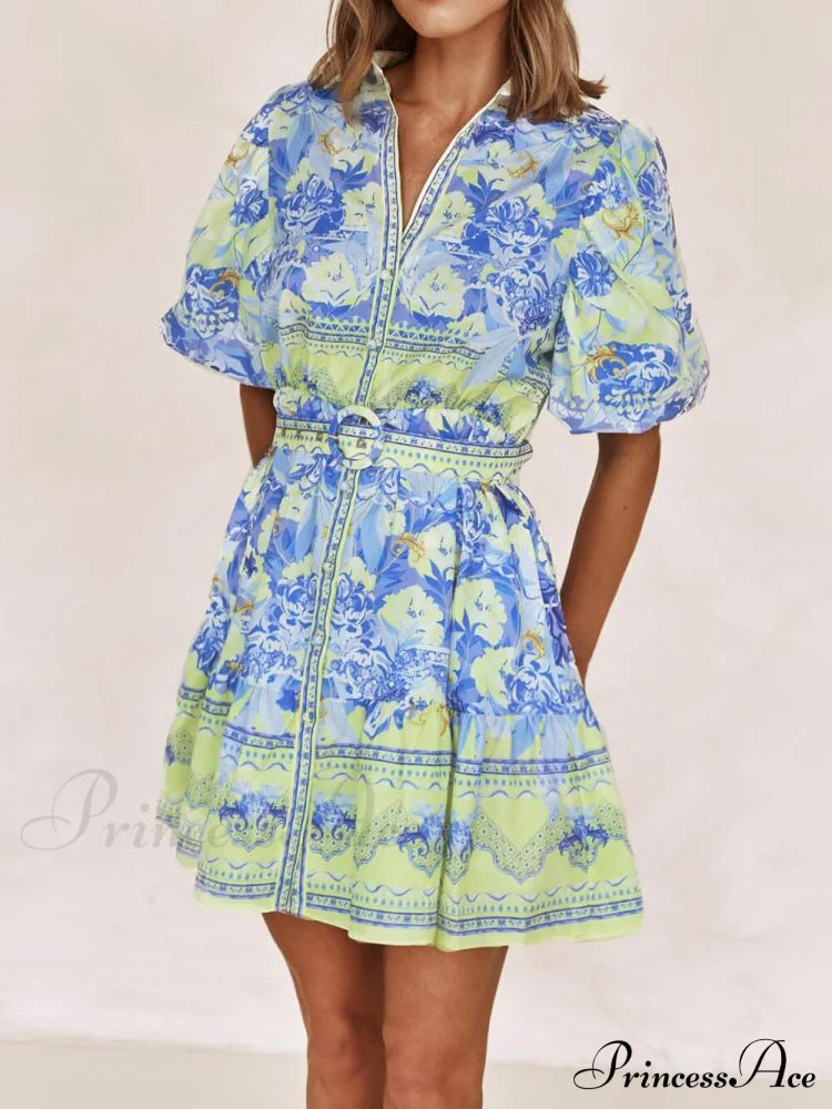Blue and Yellow Charming Print Mini Dress