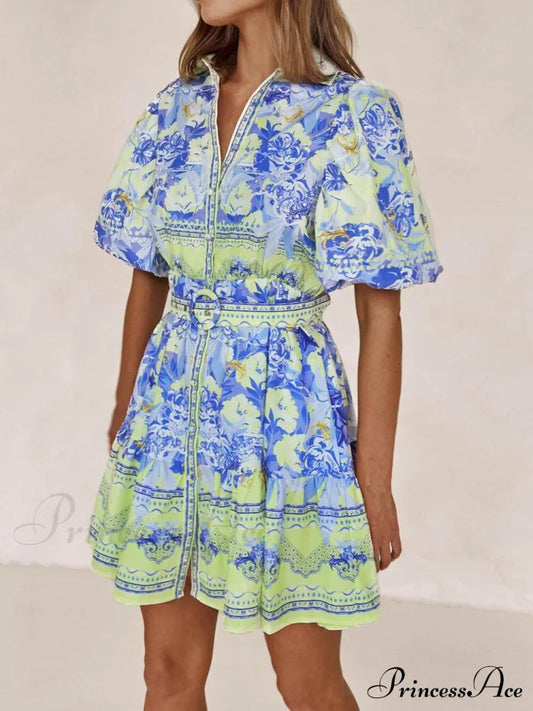 Blue and Yellow Charming Print Mini Dress