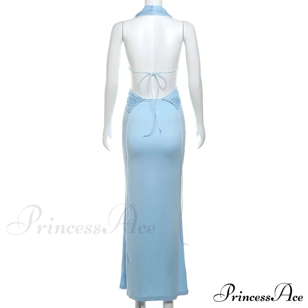 Blue Deep Slit Charming Neck Pleated Maxi Dress