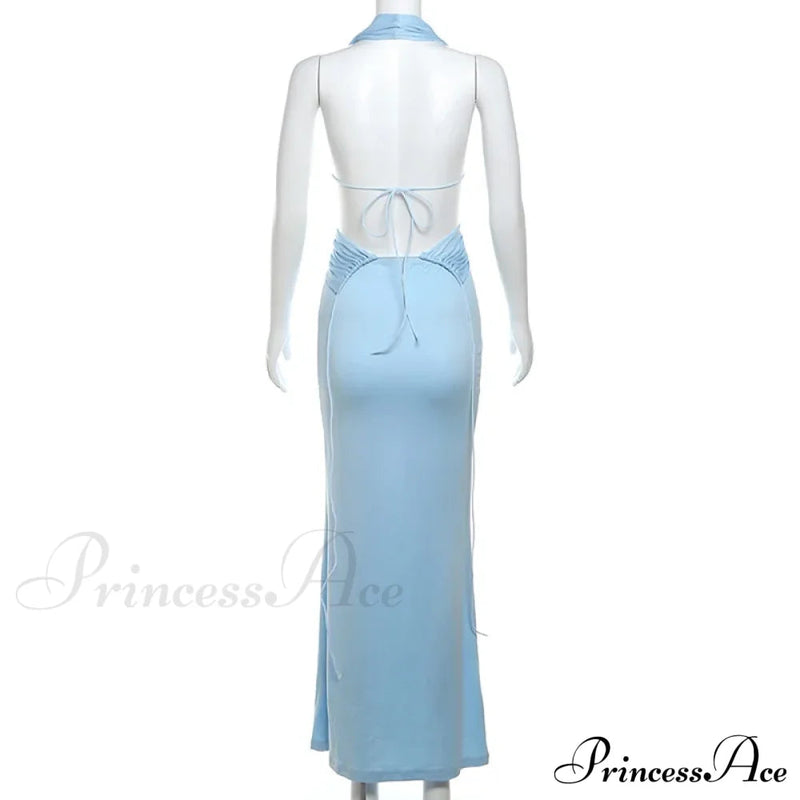 Blue Deep Slit Charming Neck Pleated Maxi Dress