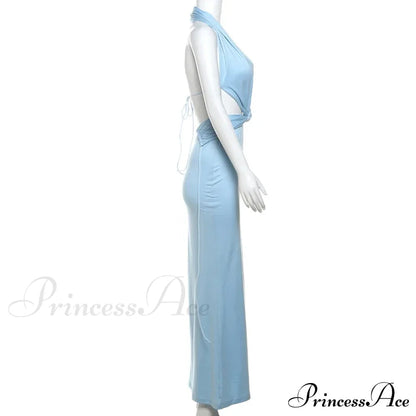 Blue Deep Slit Charming Neck Pleated Maxi Dress