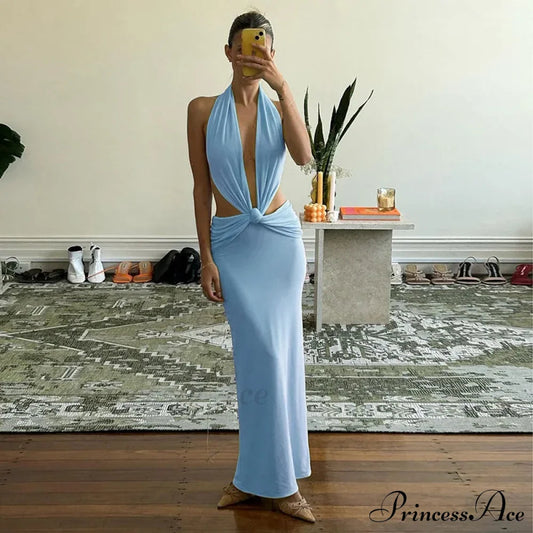 Blue Deep Slit Charming Neck Pleated Maxi Dress