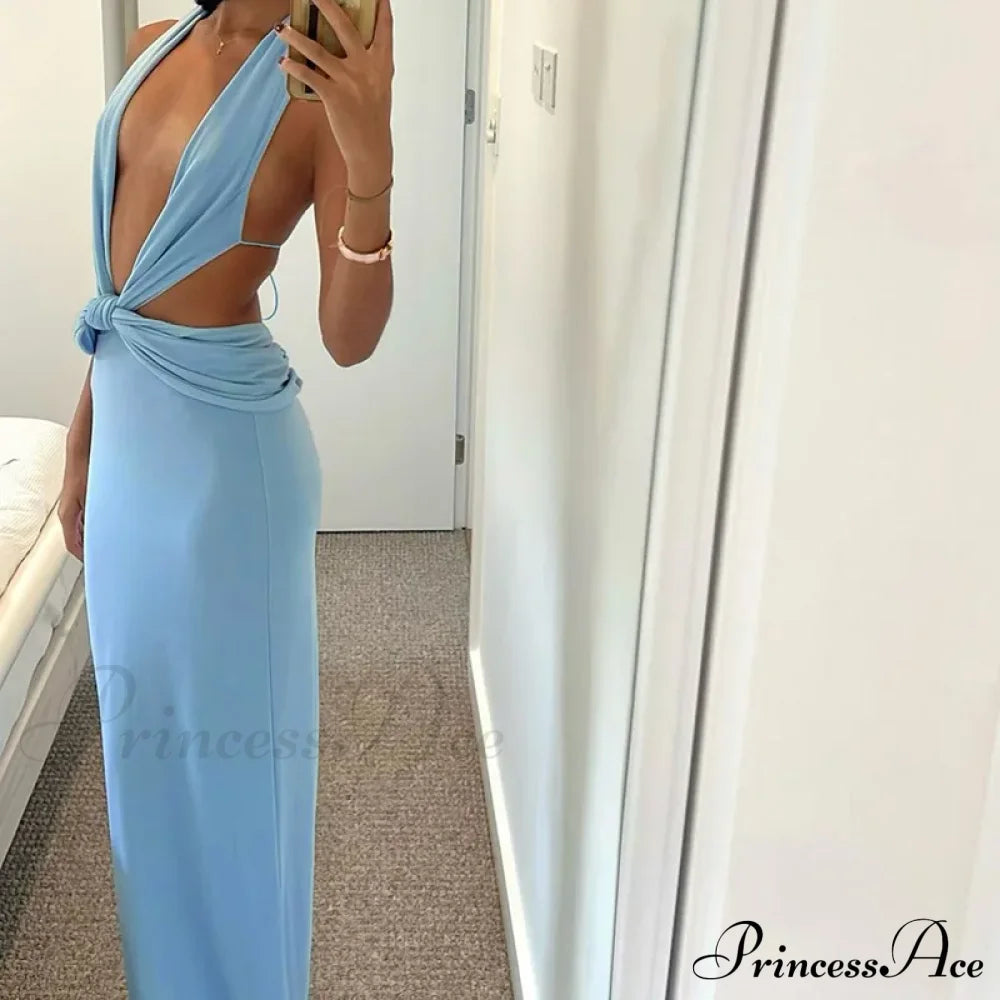 Blue Deep Slit Charming Neck Pleated Maxi Dress