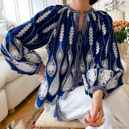 Blue Embroidery Lantern Sleeve Blouse