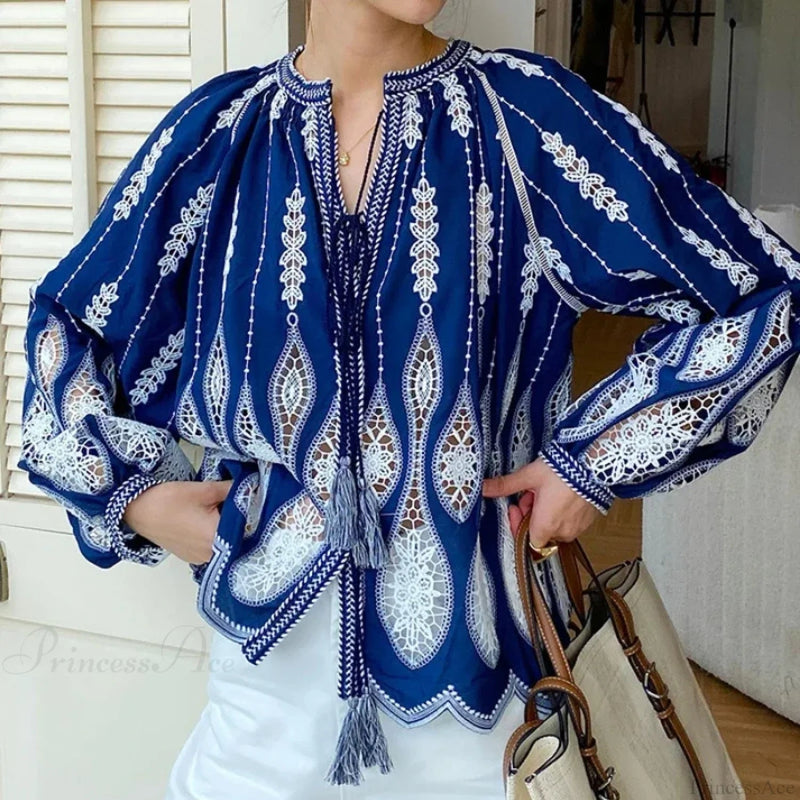 Blue Embroidery Lantern Sleeve Blouse