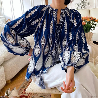 Blue Embroidery Lantern Sleeve Blouse