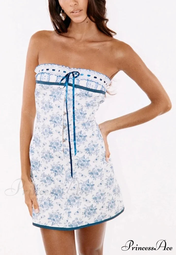 Blue Lace Charming Tube Mini Dress