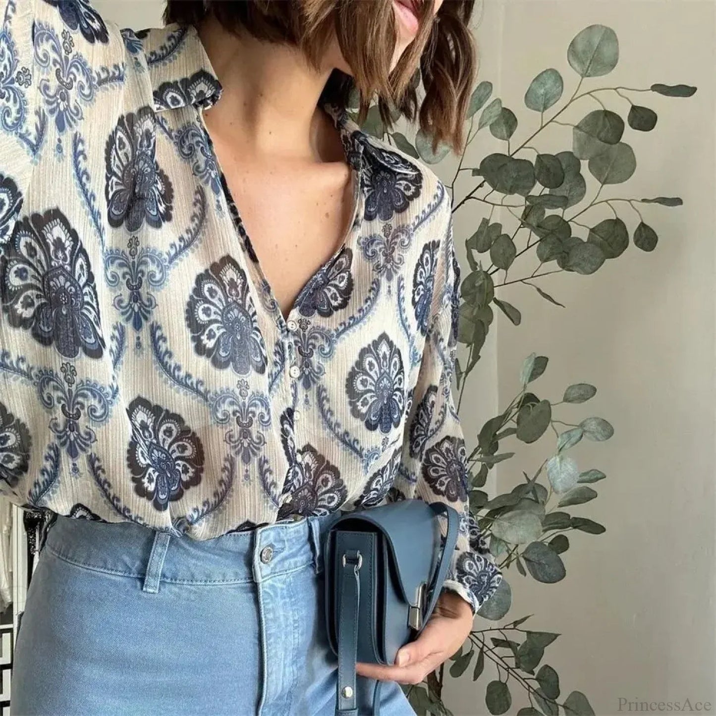 Blue Printed Long Sleeve V-neck Blouse