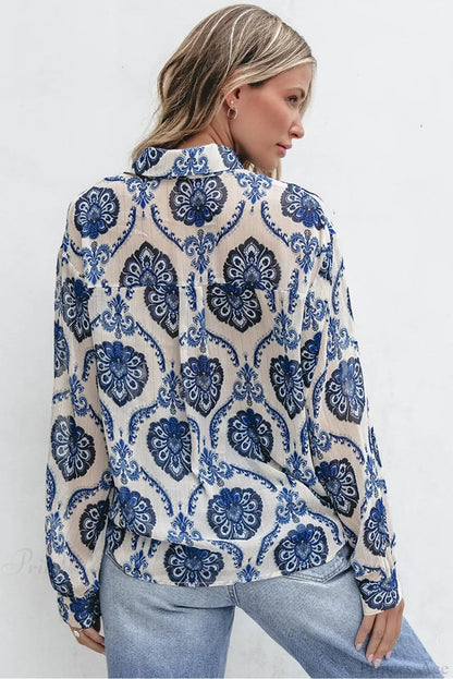 Blue Printed Long Sleeve V-neck Blouse