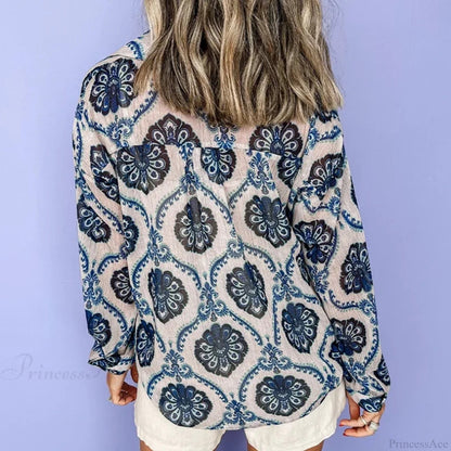 Blue Printed Long Sleeve V-neck Blouse