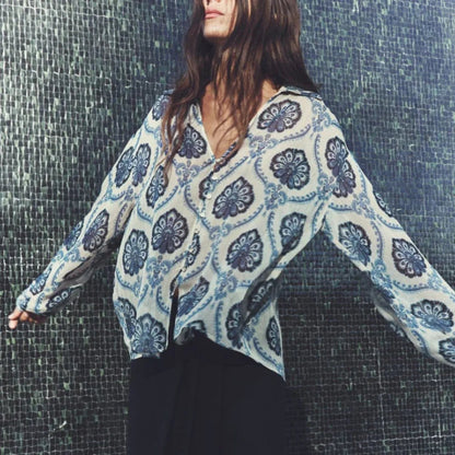 Blue Printed Long Sleeve V-neck Blouse