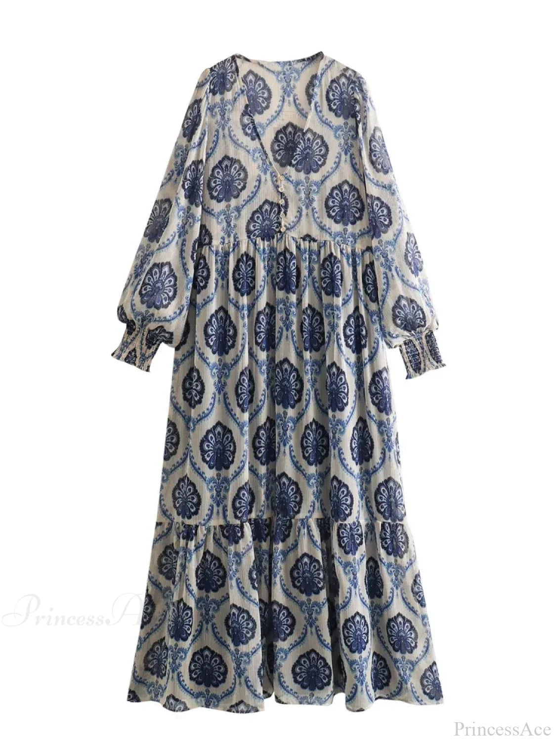 Blue Printed Long Sleeve V-neck Blouse