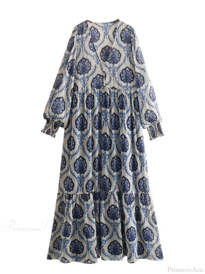 Blue Printed Long Sleeve V-neck Blouse