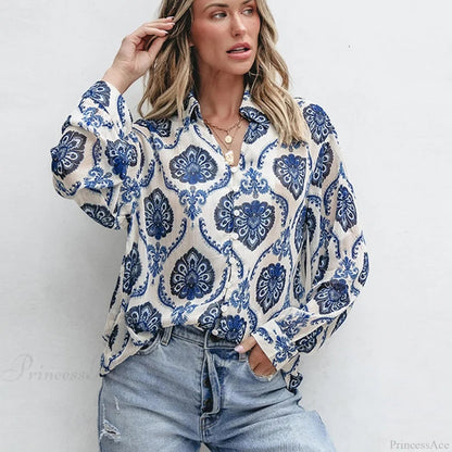 Blue Printed Long Sleeve V-neck Blouse